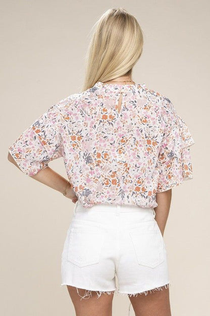 Floral chiffon Blouse with lace trim us.meeeshop - 