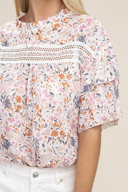 Floral chiffon Blouse with lace trim | us.meeeshop