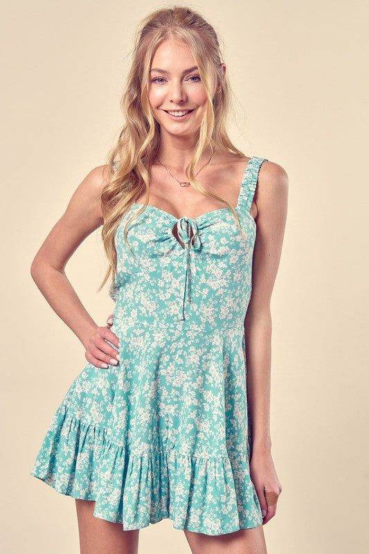 Floral Printed Drawstring Front Romper - us.meeeshop