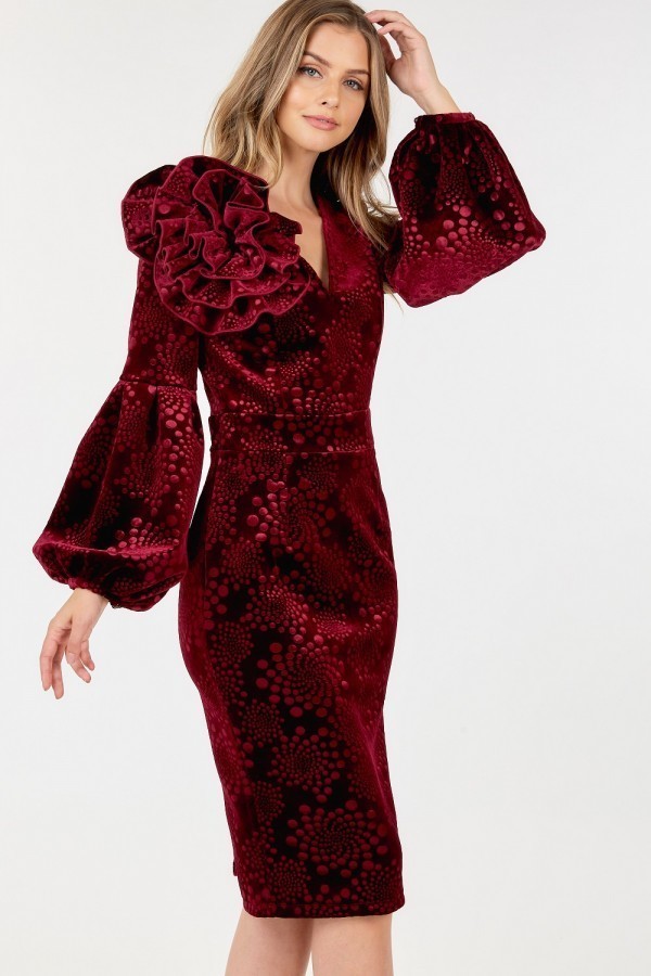 Flower Patch Flocked Velvet Fitted Midi Dress With Puff Sleeves | us.meeeshop