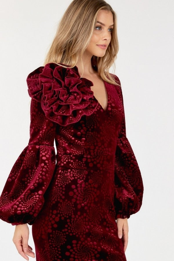 Flower Patch Flocked Velvet Fitted Midi Dress With Puff Sleeves | us.meeeshop