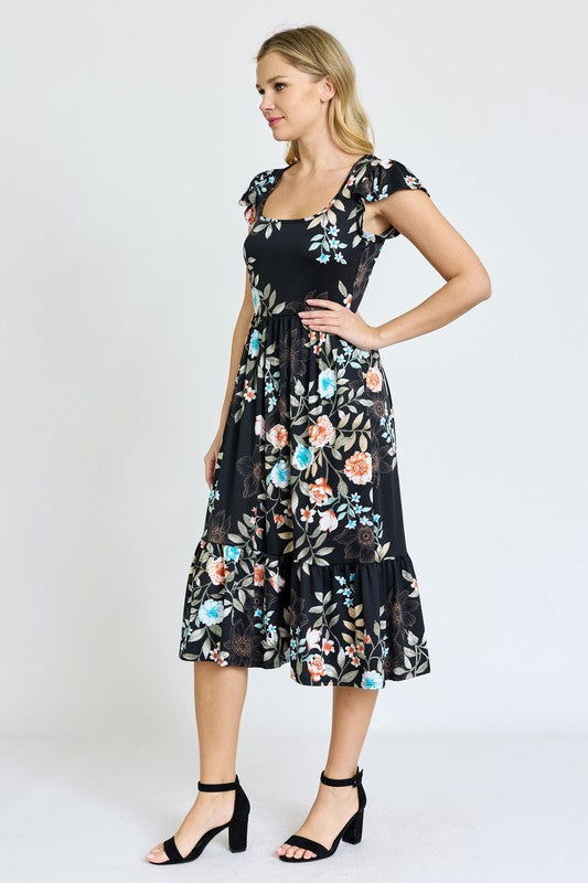 Flutter Sleeve Ditsy Floral Chevron Sundress us.meeeshop - 