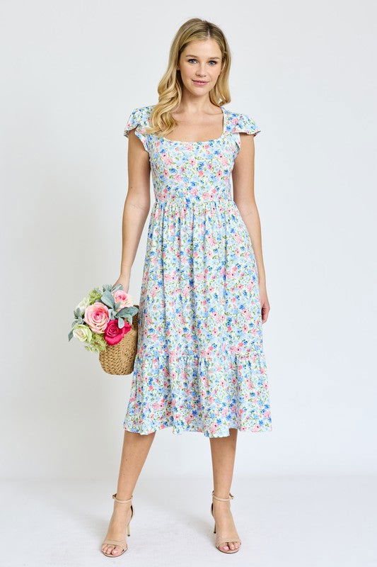 Flutter Sleeve Ditsy Floral Chevron Sundress us.meeeshop - 