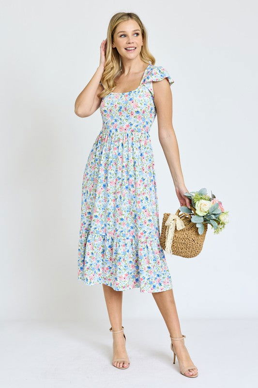 Flutter Sleeve Ditsy Floral Chevron Sundress us.meeeshop - Dresses