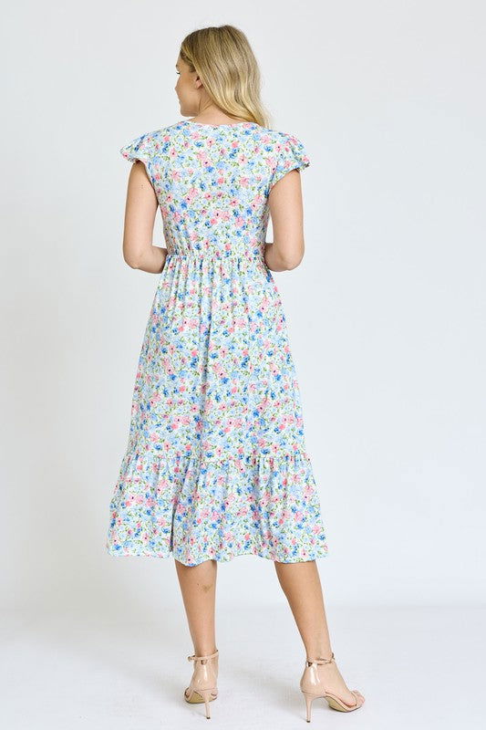 Flutter Sleeve Ditsy Floral Chevron Sundress us.meeeshop - 