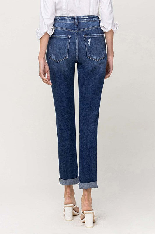 Flying Monkey | Distressed Double Cuffed Stretch Mom Jeans | us.meeeshop