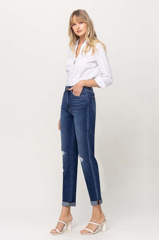 Flying Monkey | Distressed Double Cuffed Stretch Mom Jeans | us.meeeshop