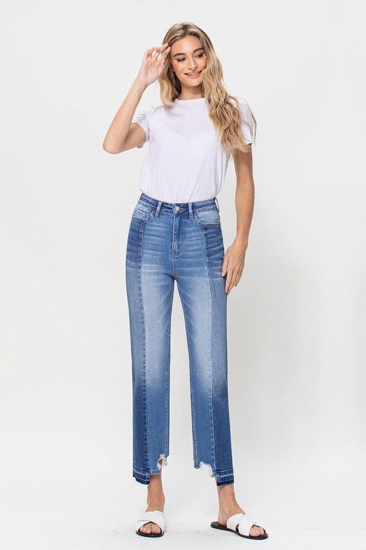 Flying Monkey | Super High Rise Crop Straight Jeans W Contrast And Uneve us.meeeshop - 