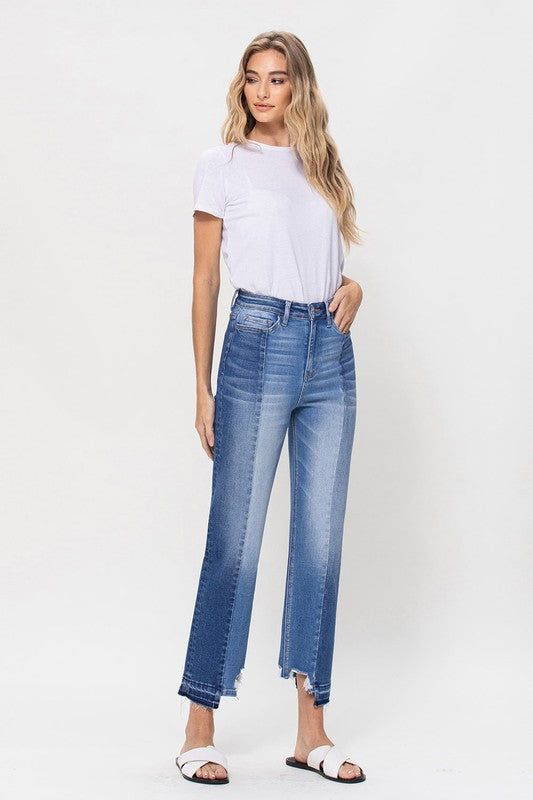 Flying Monkey | Super High Rise Crop Straight Jeans W Contrast And Uneve us.meeeshop - 