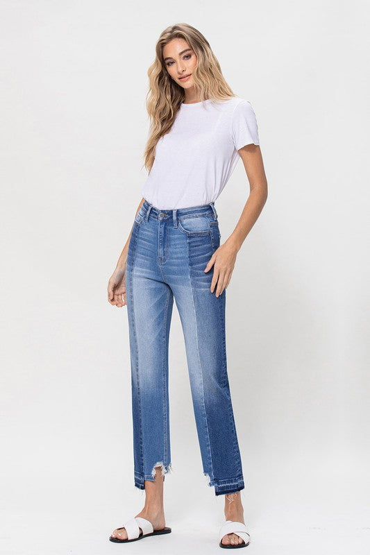 Flying Monkey | Super High Rise Crop Straight Jeans W Contrast And Uneve | us.meeeshop