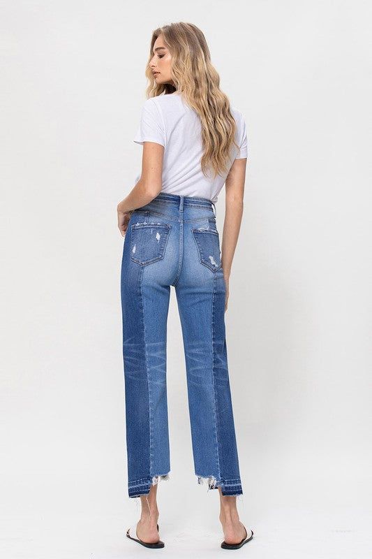 Flying Monkey | Super High Rise Crop Straight Jeans W Contrast And Uneve us.meeeshop - 