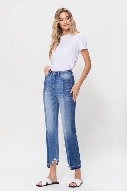 Flying Monkey | Super High Rise Crop Straight Jeans W Contrast And Uneve us.meeeshop - 