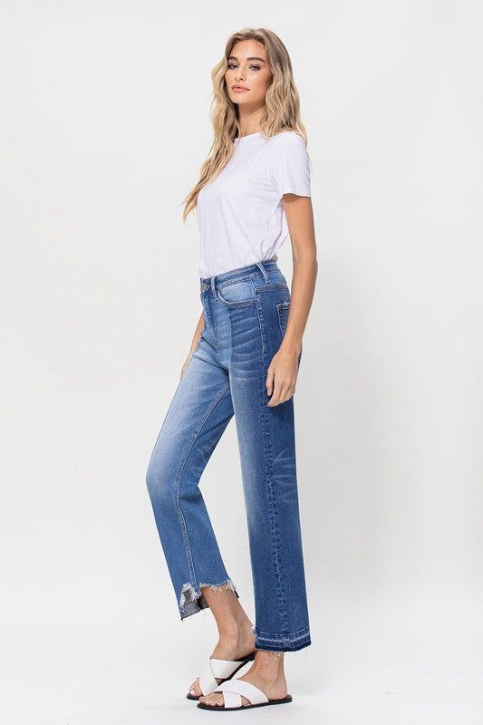 Flying Monkey | Super High Rise Crop Straight Jeans W Contrast And Uneve us.meeeshop - 