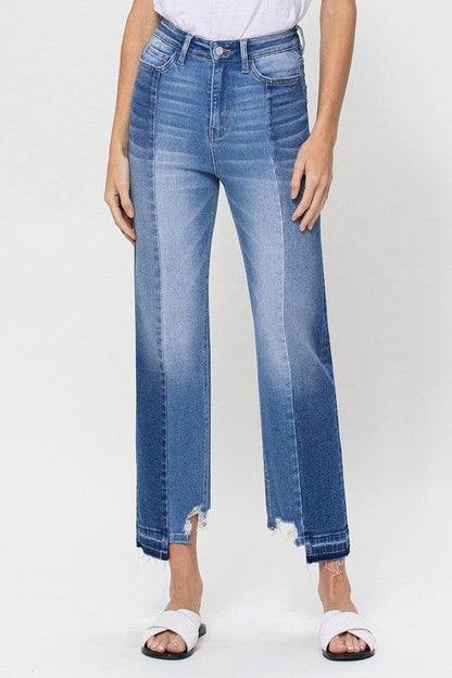 Flying Monkey | Super High Rise Crop Straight Jeans W Contrast And Uneve us.meeeshop - Pants