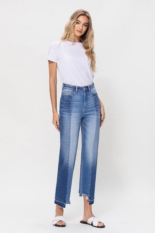 Flying Monkey | Super High Rise Crop Straight Jeans W Contrast And Uneve us.meeeshop - 