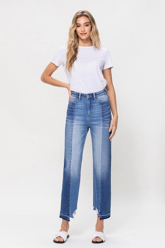 Flying Monkey | Super High Rise Crop Straight Jeans W Contrast And Uneve us.meeeshop - 