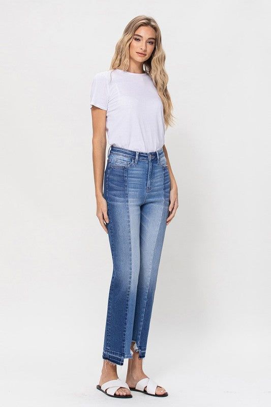 Flying Monkey | Super High Rise Crop Straight Jeans W Contrast And Uneve us.meeeshop - 