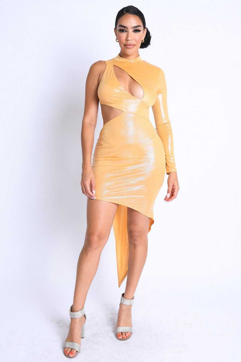 Foil Asymmetric Sleeve And Cut Out Midi Dress | us.meeeshop