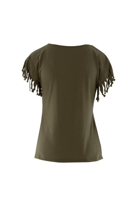 Fringe trim tee shirt us.meeeshop - 