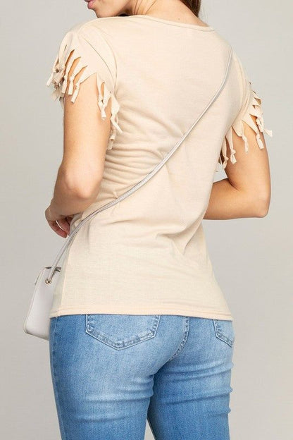 Fringe trim tee shirt us.meeeshop - 