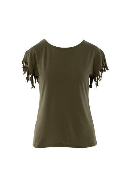 Fringe trim tee shirt us.meeeshop - 