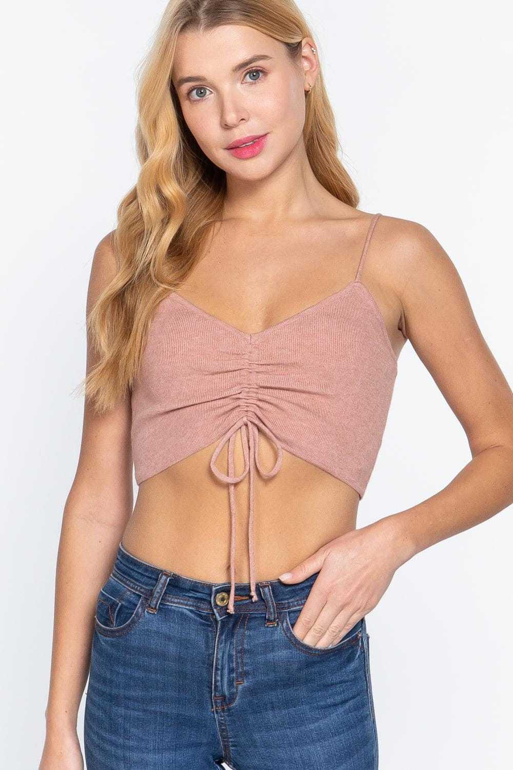 Front Ruched Detail Sweater Knit Crop Cami Top | us.meeeshop