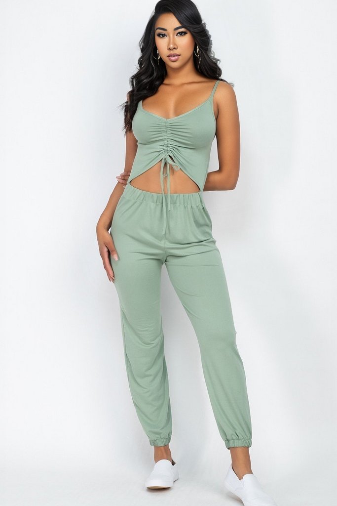 Front Ruched With Adjustable String Cami Casual/summer Jumpsuit in Green Bay | us.meeeshop