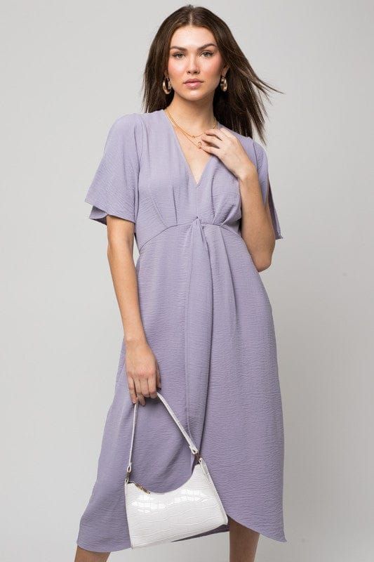 Gilli | Solid V-Neck Midi Dress W/ Front Knot - us.meeeshop