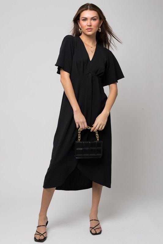 Gilli | Solid V-Neck Midi Dress W/ Front Knot - us.meeeshop