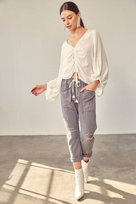 Front Tie Shirring Top - us.meeeshop