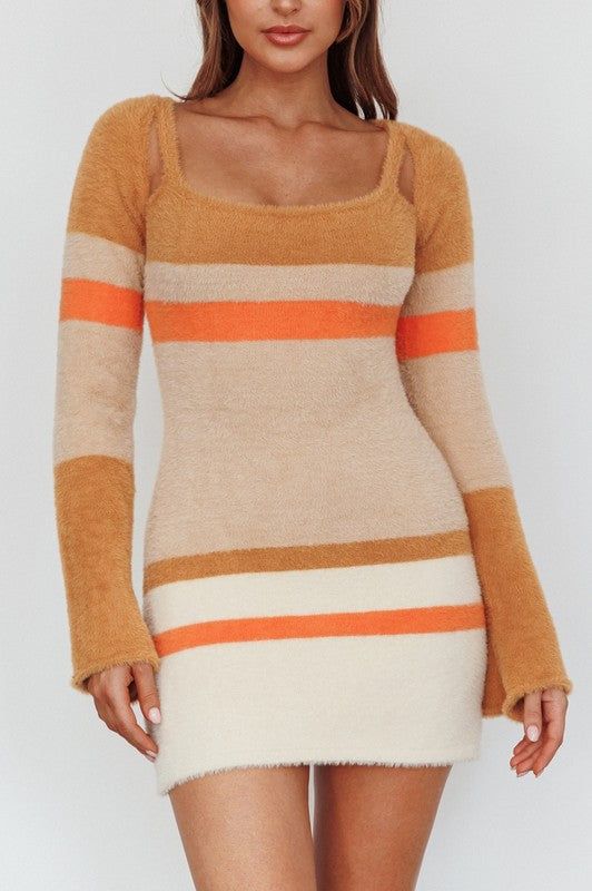 Fuzzy Knit Long Sleeved Multi Stripe Mini Dress us.meeeshop - 