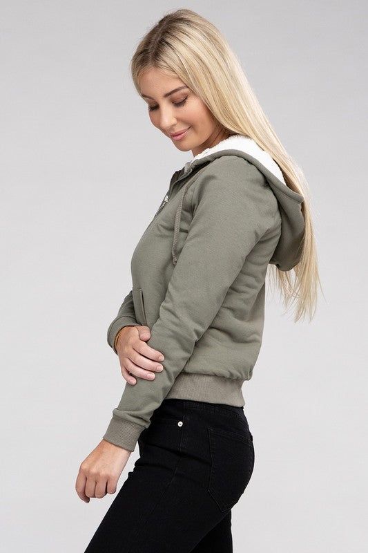 Fuzzy Trim Zip-Up Crop Hoodie us.meeeshop - 