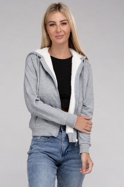 Fuzzy Trim Zip-Up Crop Hoodie us.meeeshop - 