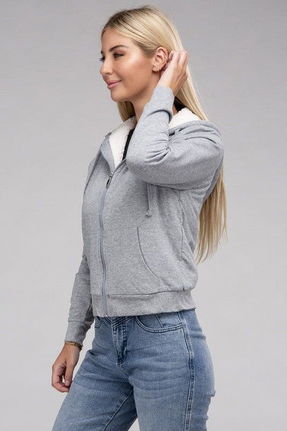 Fuzzy Trim Zip-Up Crop Hoodie us.meeeshop - 