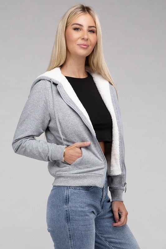 Fuzzy Trim Zip-Up Crop Hoodie us.meeeshop - 