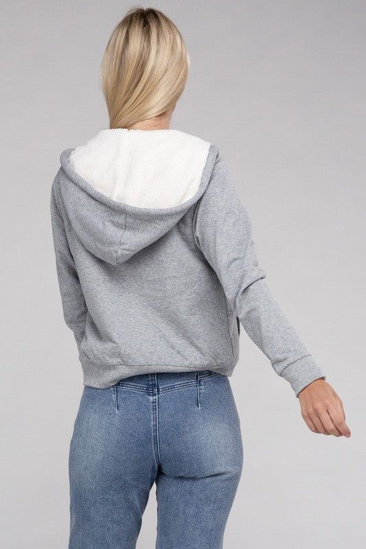 Fuzzy Trim Zip-Up Crop Hoodie us.meeeshop - 