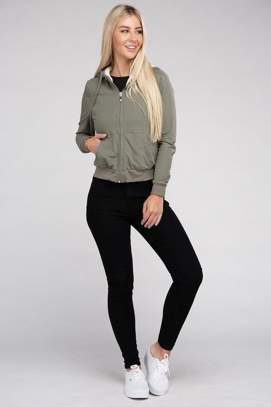 Women's Fuzzy Trim Zip-Up Crop Hoodie - us.meeeshop