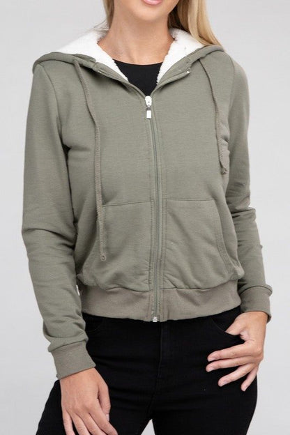 Women's Fuzzy Trim Zip-Up Crop Hoodie - us.meeeshop