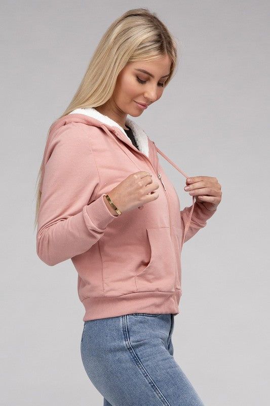 Women's Fuzzy Trim Zip-Up Crop Hoodie - us.meeeshop