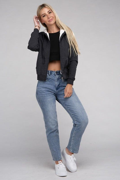 Women's Fuzzy Trim Zip-Up Crop Hoodie - us.meeeshop