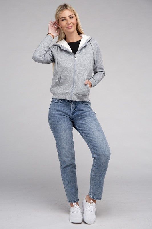 Women's Fuzzy Trim Zip-Up Crop Hoodie - us.meeeshop