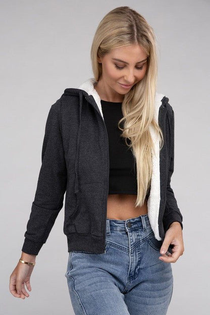 Women's Fuzzy Trim Zip-Up Crop Hoodie - us.meeeshop