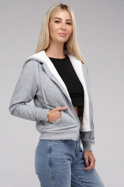 Women's Fuzzy Trim Zip-Up Crop Hoodie - us.meeeshop