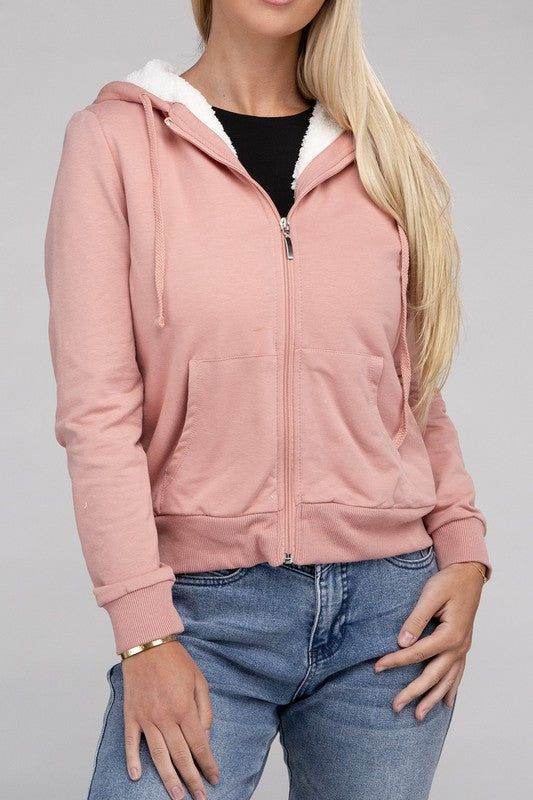 Fuzzy Trim Zip-Up Crop Hoodie - us.meeeshop