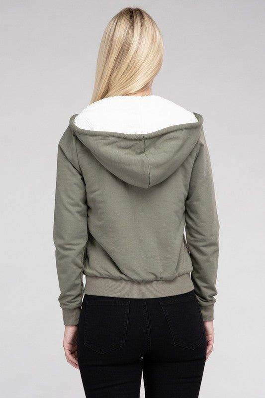 Fuzzy Trim Zip-Up Crop Hoodie - us.meeeshop