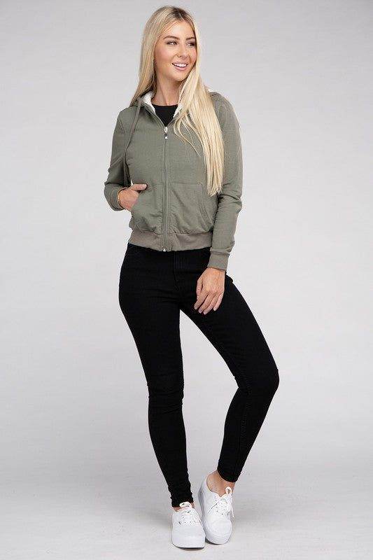 Fuzzy Trim Zip-Up Crop Hoodie - us.meeeshop