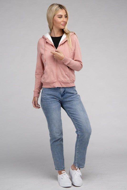 Fuzzy Trim Zip-Up Crop Hoodie - us.meeeshop