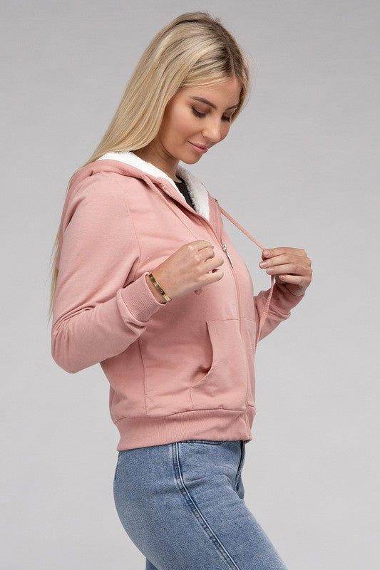 Fuzzy Trim Zip-Up Crop Hoodie - us.meeeshop