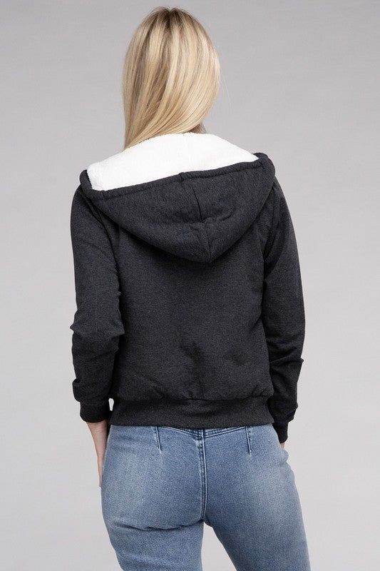 Fuzzy Trim Zip-Up Crop Hoodie - us.meeeshop