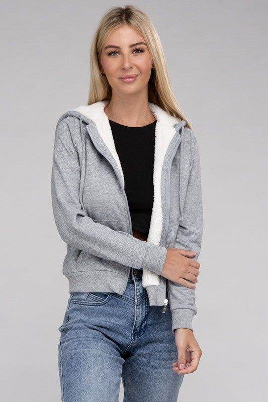 Fuzzy Trim Zip-Up Crop Hoodie - us.meeeshop